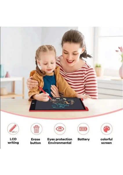 12 Inc Renkli LCD Grafik Dijital Kalemli Çizim Tableti Yazı Tahta Not Yazma Eğitim Tableti Kırmızı - Lisinya
