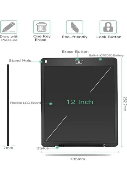 12 Inc Renkli LCD Grafik Dijital Kalemli Çizim Tableti Yazı Tahta Not Yazma Eğitim Tableti Kırmızı - Lisinya
