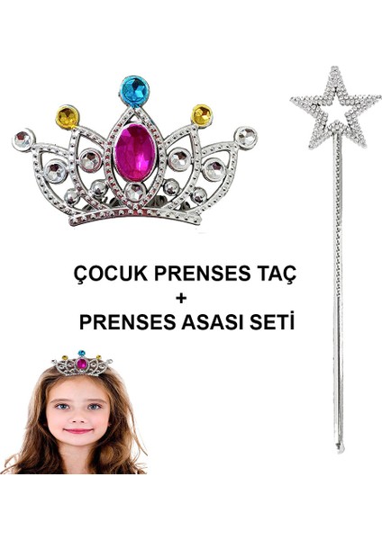 Çocuklar Için Taraklı Prenses Tacı ve Prenses Yıldız Asa Seti Gümüş