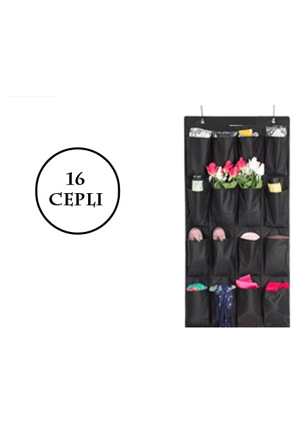16 Cepli Kapı Arkası Çok Amaçlı Organizer - Siyah