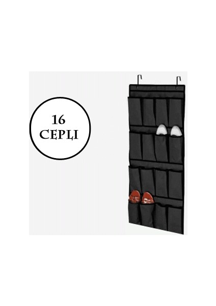 16 Cepli Kapı Arkası Çok Amaçlı Organizer - Siyah