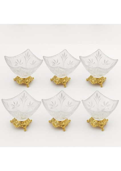 6 Adet Kavisli Desen Gold Metal Ayaklı Lüks Cam Çerezlik Seti