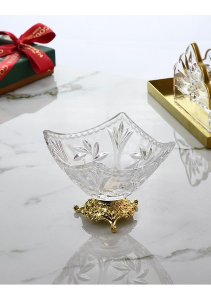 6 Adet Kavisli Desen Gold Metal Ayaklı Lüks Cam Çerezlik Seti