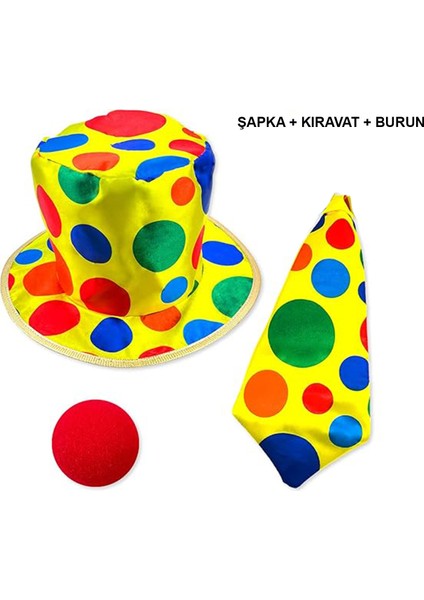 Renkli Palyaço Kostüm Seti – 3 Parça Aksesuar (Şapka, Kravat, Burun)