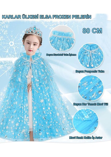 Karlar Ülkesi Elsa Frozen Mavi Pelerin – 80 cm Kar Desenli Çocuk Pelerini ( Taç Hariç )