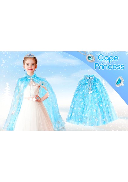 Karlar Ülkesi Elsa Frozen Mavi Pelerin – 80 cm Kar Desenli Çocuk Pelerini ( Taç Hariç )