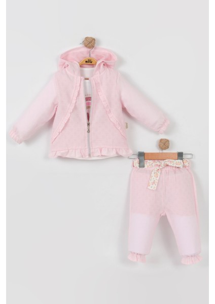 3'lü Fırfırlı Kız Bebek Takımı (Hırka + Üst + Alt) - 9-18 Ay