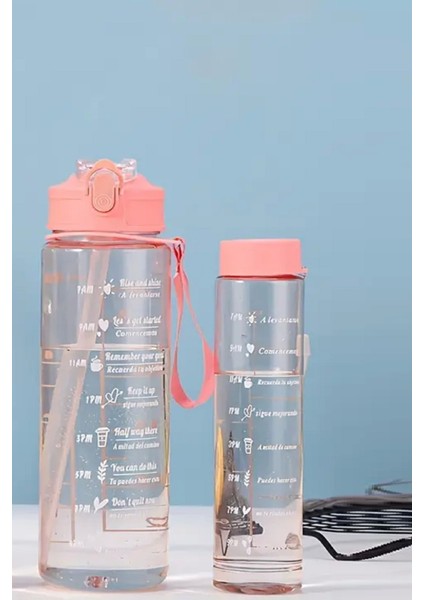 2'li Motivasyonel Sporcu Su Şişesi Tritan Suluk Su Matarası Pipetli Stickerlı Suluk 900+500ML