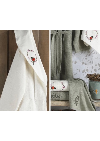 Nakışlı Bambu 6 Parça Aile Bornoz Takımı Krem- Mint fiyatları