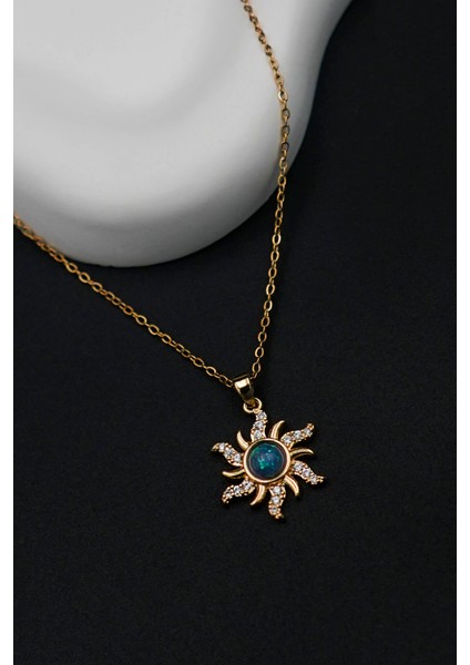 Paslanmaz Çelik Zirkon Taşlı Güneş Figür Gökyüzü Gold Kadın Kolye