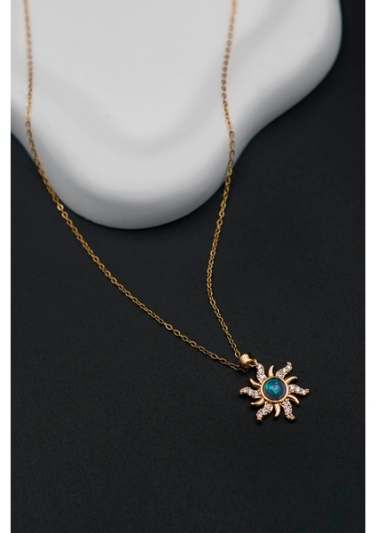 Paslanmaz Çelik Zirkon Taşlı Güneş Figür Gökyüzü Gold Kadın Kolye modelleri