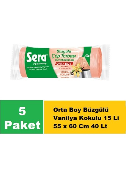 Çöp Torbası Büzgülü Vanilya Kokulu Orta Boy 15 Li 55 x 60 cm x 5 Paket