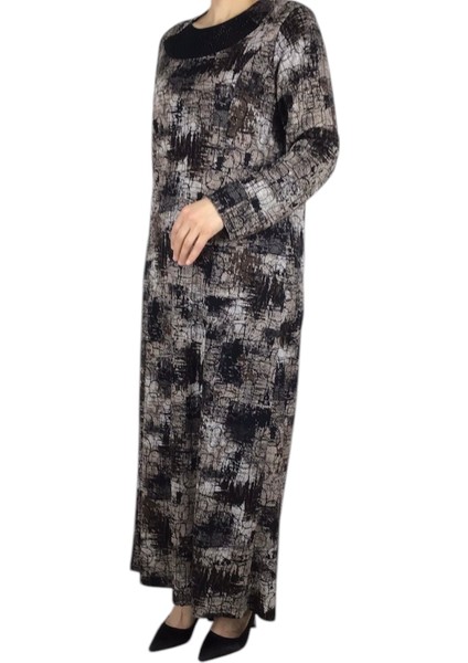 Kadın Desenli Kulplu Büyük Beden Anne Elbise