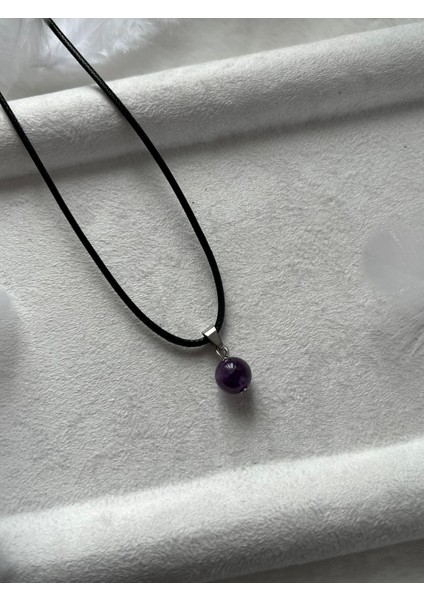 8 mm Ametist Taşı Deri Ip Kolye