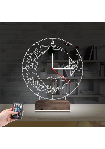 Kirppi 3D Saat Lamba Türk Bayrağı Ay Yıldız V1 Masa Gece Lambası