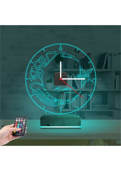 Kirppi 3D Saat Lamba Türk Bayrağı Ay Yıldız V1 Masa Gece Lambası