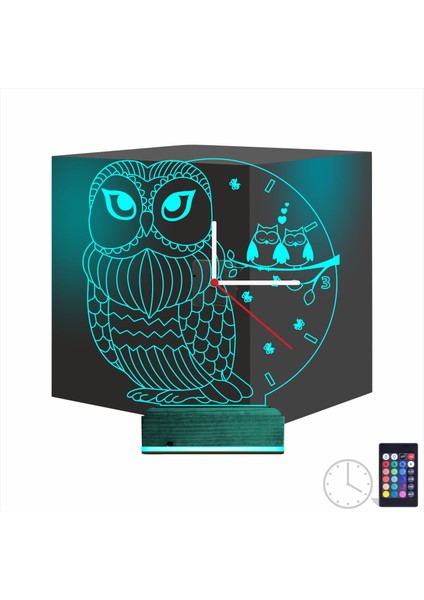Kirppi 3D Saat Lamba Baykuş Tasarım Masa Gece Lambası