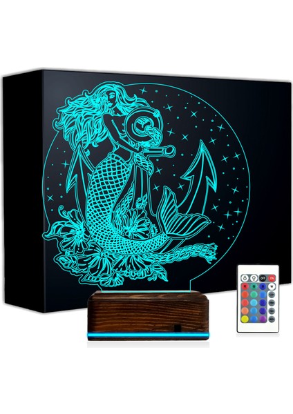 Kirppi 3D Lamba Deniz Kızı Mermaid Çapa Masa Gece Lambası