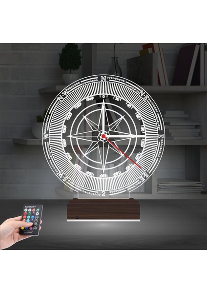 Kirppi 3D Saat Lamba Pusula Gezgin Tasarım Masa Gece Lambası