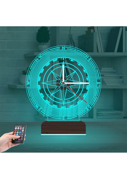 Kirppi 3D Saat Lamba Pusula Gezgin Tasarım Masa Gece Lambası