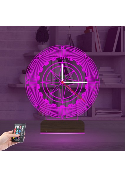 Kirppi 3D Saat Lamba Pusula Gezgin Tasarım Masa Gece Lambası