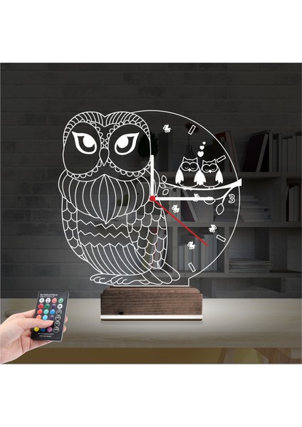 Kirppi 3D Saat Lamba Baykuş Tasarım Masa Gece Lambası