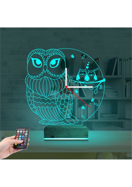 Kirppi 3D Saat Lamba Baykuş Tasarım Masa Gece Lambası