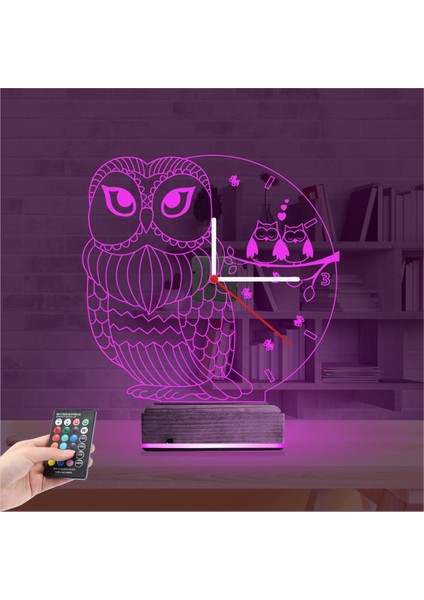 Kirppi 3D Saat Lamba Baykuş Tasarım Masa Gece Lambası