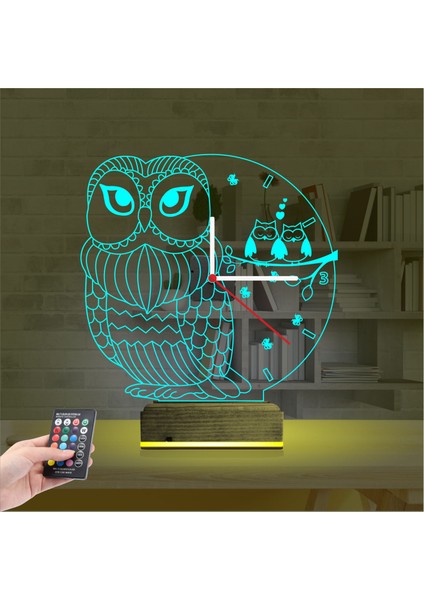 Kirppi 3D Saat Lamba Baykuş Tasarım Masa Gece Lambası