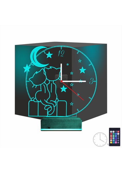 Kirppi 3D Saat Lamba Kedi Tasarım Çocuk Odası Masa Gece Lambası