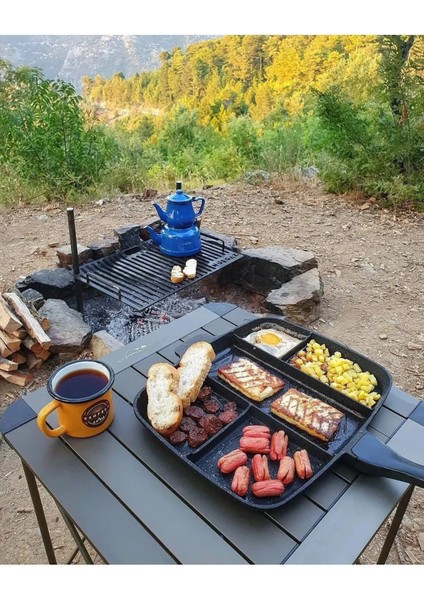 5 Gözlü Granit Döküm Tava + Bulaşık Süngeri + Maşa+ Kaşık + Çakmak + Gaz + Çatal Kaşık Bıçak Seti