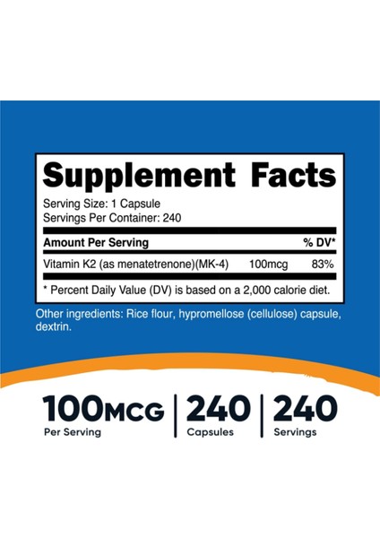 Vitamin K2 (Mk4) 240 Capsules (100MCG).ABD Menşei