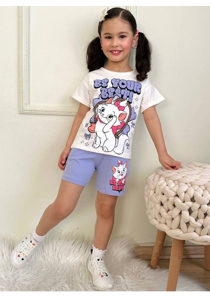 Pjkskt Sevimli Kedicik Desenli Lila Şortlu Kız Çocuk Kısa Kol Takım 7566-L