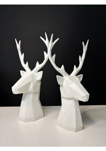 2 Li Set Geyik Figürlü Modern Dekoratif Hediyelik Biblo Kemik Beyazı 22 cm /19 cm