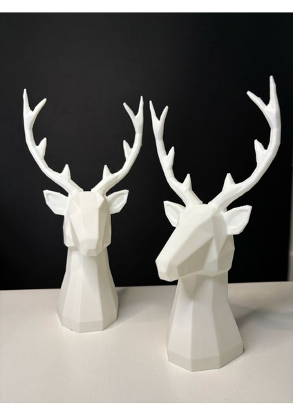 2 Li Set Geyik Figürlü Modern Dekoratif Hediyelik Biblo Kemik Beyazı 22 cm /19 cm