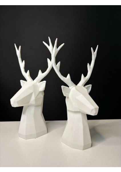 2 Li Set Geyik Figürlü Modern Dekoratif Hediyelik Biblo Kemik Beyazı 22 cm /19 cm