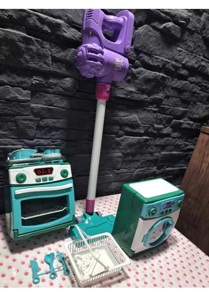 Oyuncak Evcilik ve Mutfak Seti Fırın Kapak Açılır Aksesuarlı Çamaşır Makinası ve Uzun Süpürge