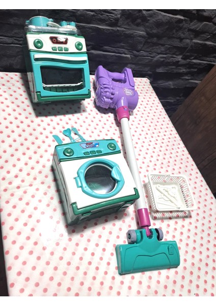 Oyuncak Evcilik ve Mutfak Seti Fırın Kapak Açılır Aksesuarlı Çamaşır Makinası ve Uzun Süpürge