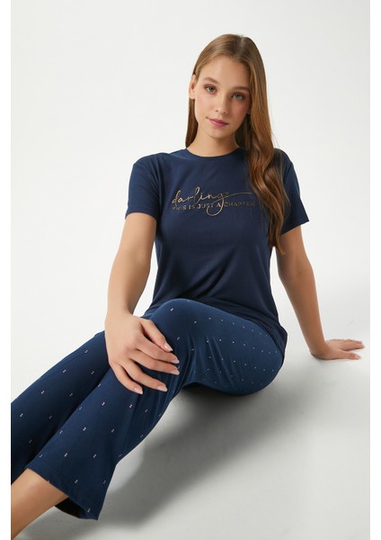 Kadın Darling Yumuşak Doku Lacivert Bisiklet Yaka Kısa Kollu Alt Üst Pijama Takımı
