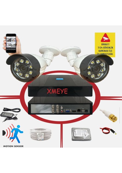 2 Li Hareket Algılayan 5 Mp Lens 8 Warm LED Gece Renkli Gösteren Güvenlik Kamerası Seti Bs 2308W