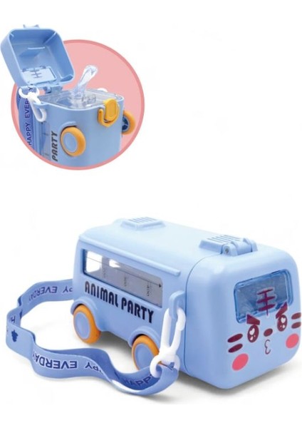 Otobüs Tasarımlı Pipetli Matara - Renkli Boyun Askılı Okul Çocuk Suluğu - Su Şişesi 500 ml