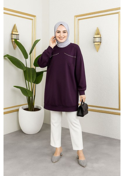Kadın Inci Detaylı Uzun Sweatshirt Tunik