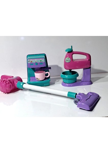 Oyuncak Evcilik Mutfak Seti Kahve Makinası + Mikser + Uzun Süpürge 3 Lü Büyük Set 50 x 45 cm