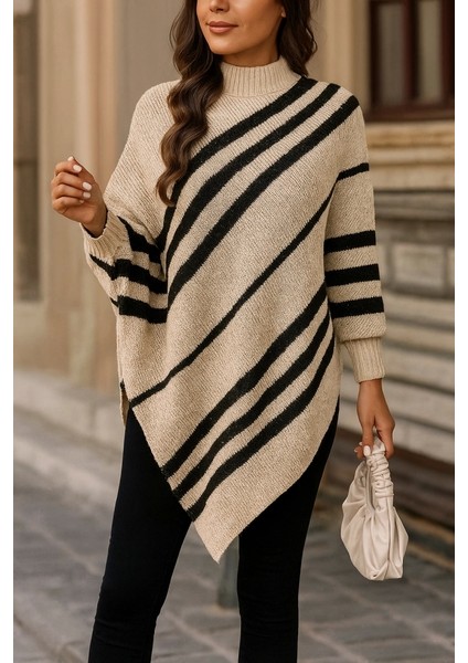 Kadın Uzun Yarasa Kollu Yüksek Boyunlu Asimetrik Kesim Triko Pelerin Kazak