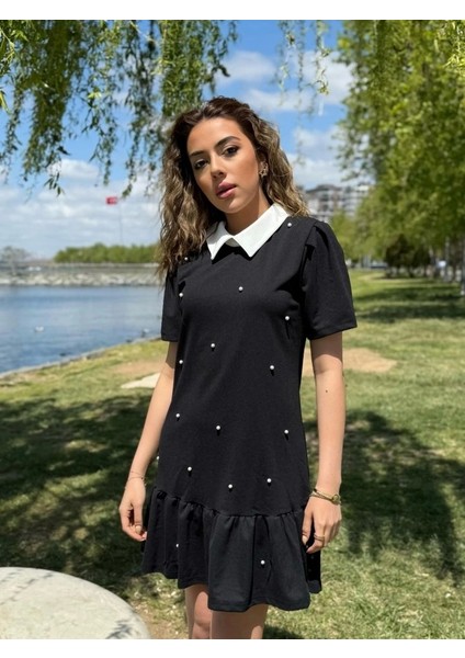 Kadın Kısa Kollu Yakalı Inci Detaylı Kısa Ithal Krep Elbise