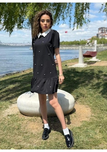 Kadın Kısa Kollu Yakalı Inci Detaylı Kısa Ithal Krep Elbise fiyatları
