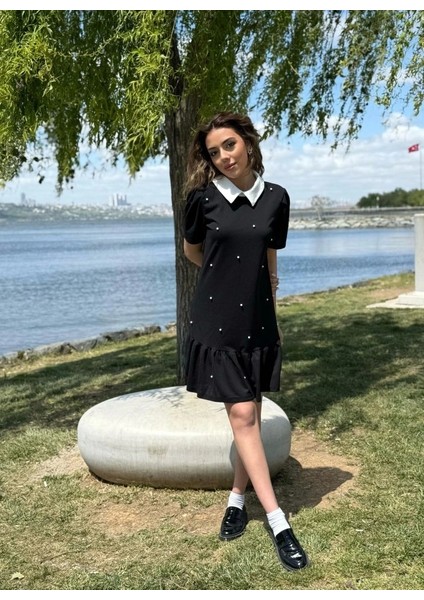 Kadın Kısa Kollu Yakalı Inci Detaylı Kısa Ithal Krep Elbise modelleri