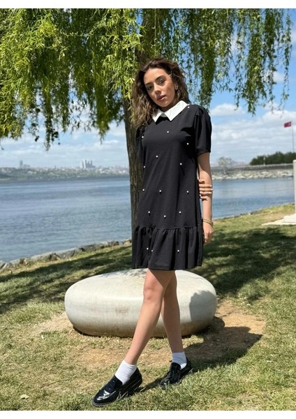 Kadın Kısa Kollu Yakalı Inci Detaylı Kısa Ithal Krep Elbise fırsatları