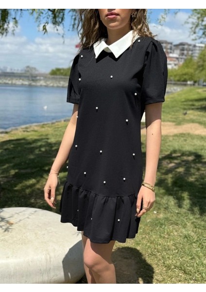 Kadın Kısa Kollu Yakalı Inci Detaylı Kısa Ithal Krep Elbise indirimleri