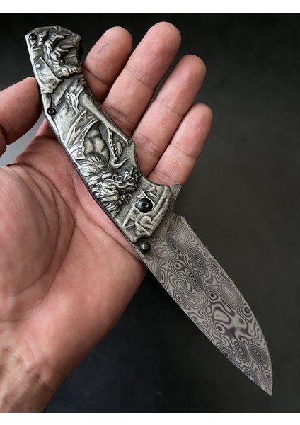 Ejder Kabartmalı Damasgus Motifli Otantik Çakı